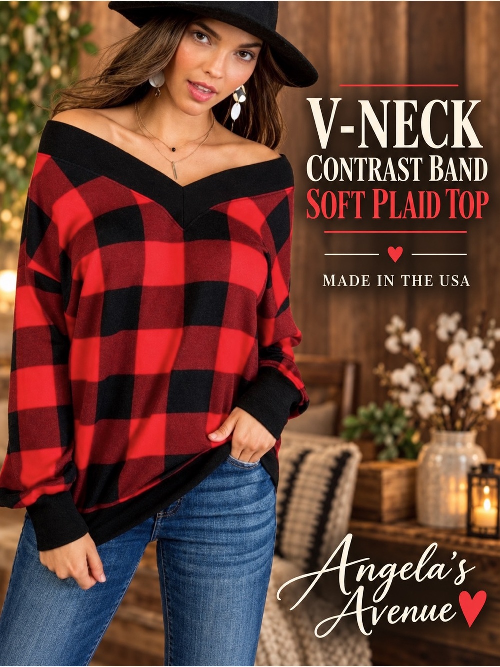 V NECK CONTRAST BAND SOFT PLAID TOP NEW